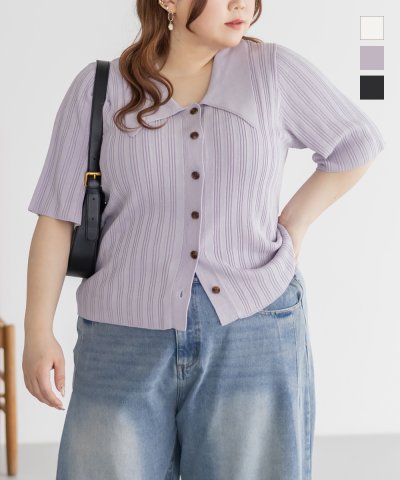 大きいサイズ レディース LL 3L 4L XL XXL XXXL CLETTEオリジナル襟付きリブ編みニット