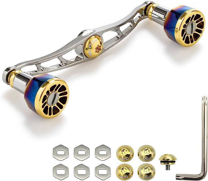 ベイト リール ハンドル 8色 70航空アルミ製 シマノ ダイワ アブガルシア 通用 ベイトリール Engine ガンメタル( ガンメタル(ハンドル)＆ゴールド(ノブ), 115mm)