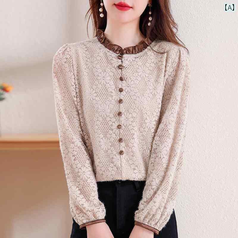 レディース　シャツ　レース　シルク ホワイト カラーの 兄弟 兄弟の 桑の 絹 裏起毛の 秋冬 蓮の葉の 襟のの 長い 絹の 底の トップスの 女性