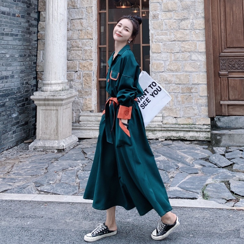 実際の長袖ワンピース女性春と秋2024新しいウエスト細い気質フレンチレトロ優しいシャツロングスカート