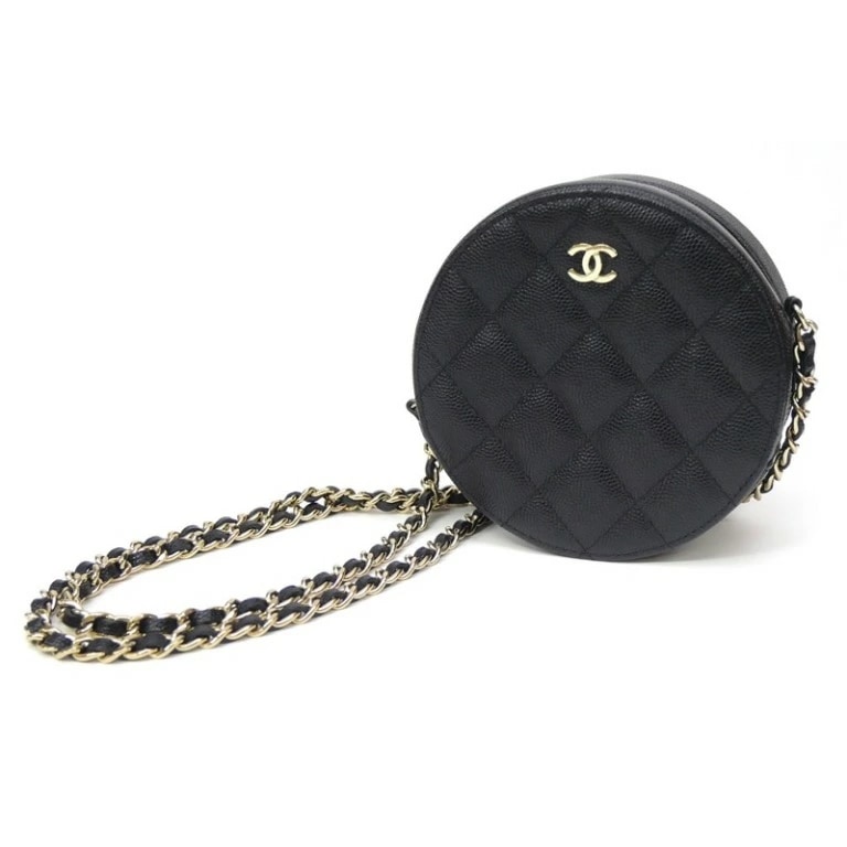 シャネル CHANEL チェーンショルダーバッグ ラウンド 黒 キャビアスキン 【中古】(66834)