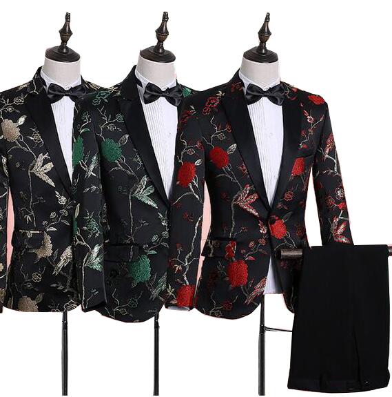 メンズ タキシードスーツセット 演出服 テーラードジャケット+ロングパンツ　舞台演出ダンス衣装 花柄 司会者 カラオケジャケット ステージ衣装 パーティー 結婚式　年会