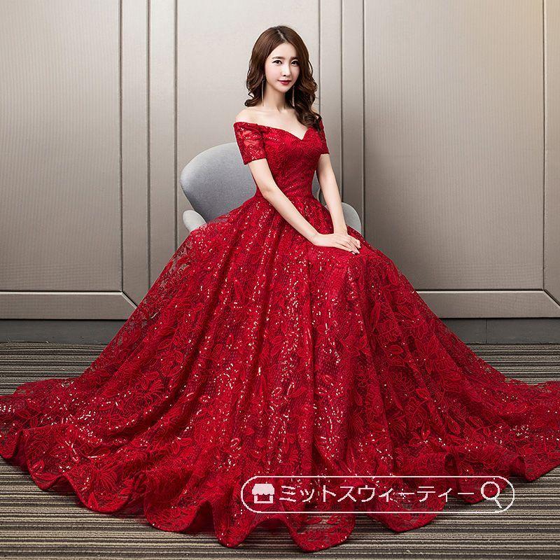 カラードレス パーティードレス Aライン 赤 レッド 半袖 リーフ 花柄 演奏会 発表会 ウェディングドレス 編み上げ 上品 花嫁 結婚式 イブニングドレス 高級感