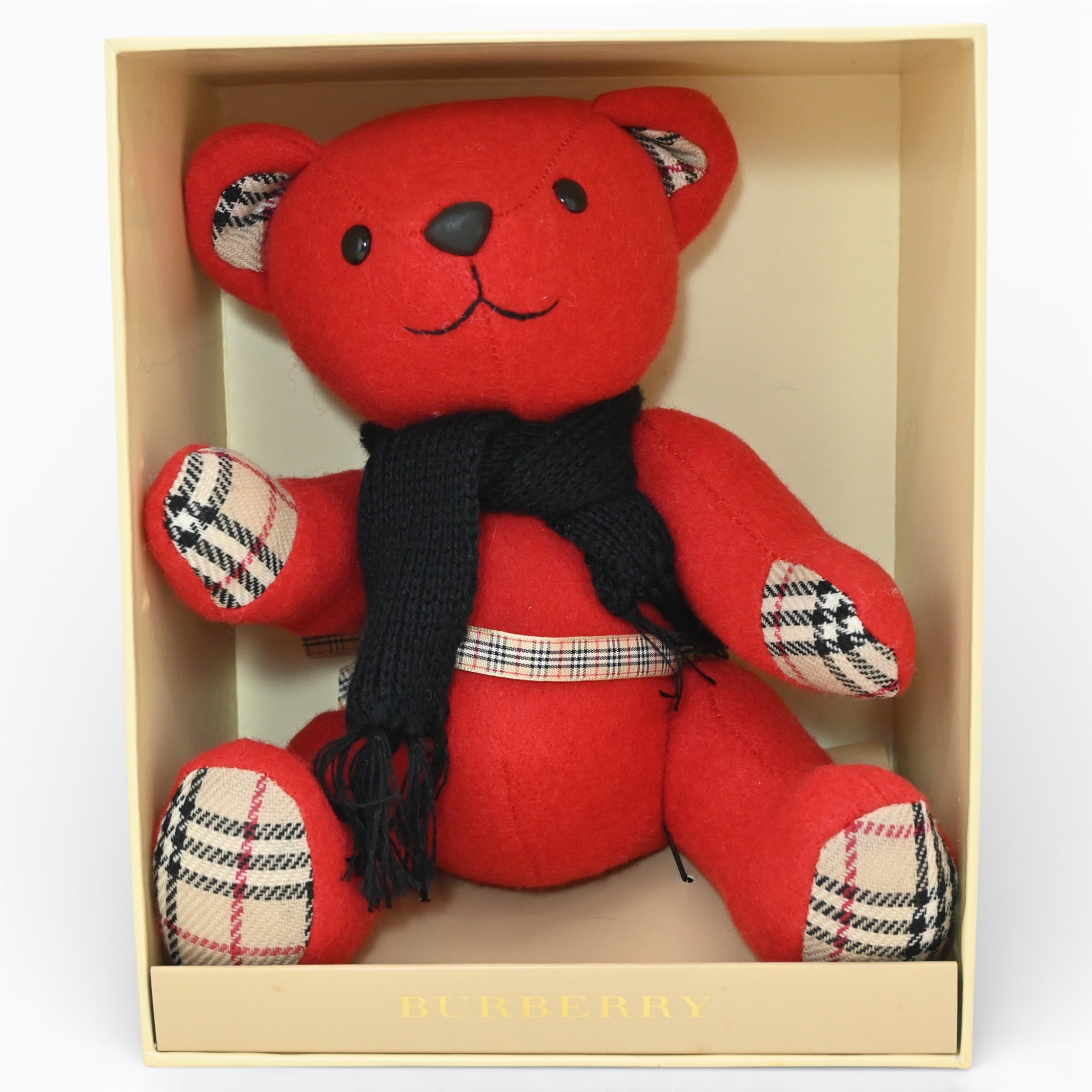 バーバリー ノバチェック テディベア ぬいぐるみ レッド マフラー Aランク bb9904cw