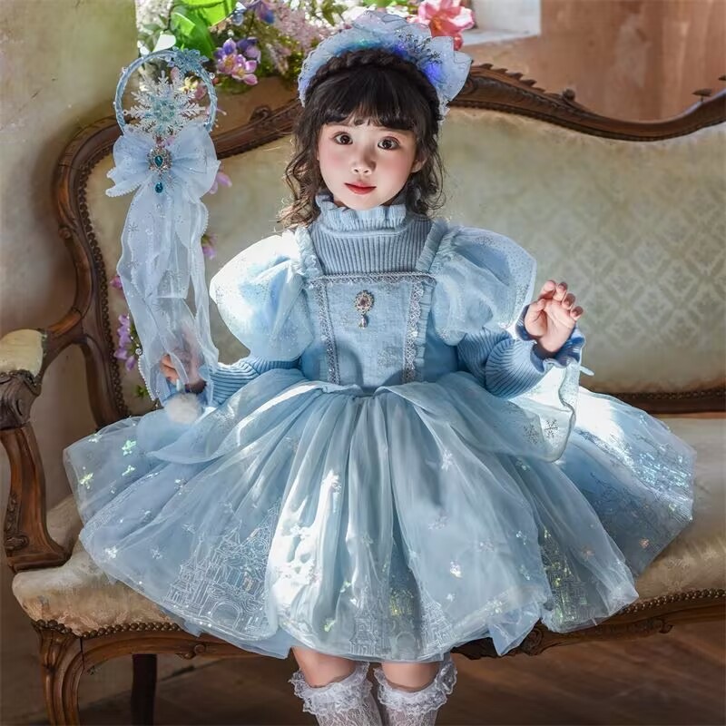アナと雪の女王エルサのプリンセススカートセーターセット秋冬の新作モダンで甘いポンポンワンピース2点セット