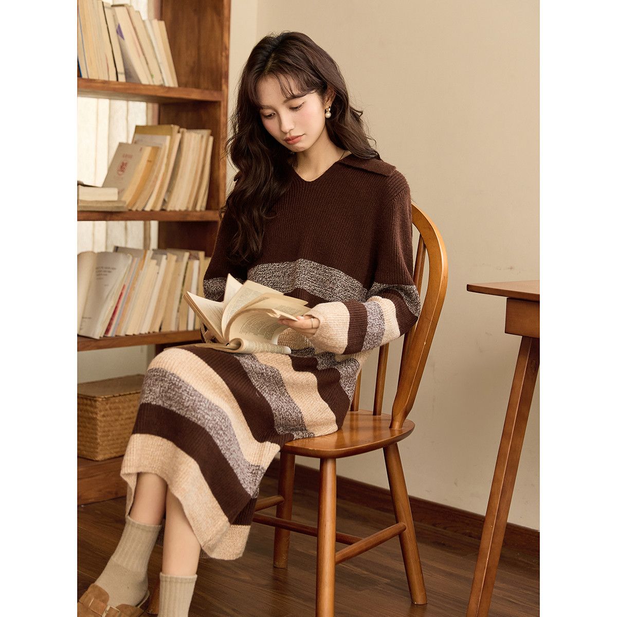 【急速出荷!】[ムラードスタイル】秋冬ニットボーダーワンピース 優しく甘く着痩せワンピース ワンピースレディース ドレス ロングワンピース ニットワンピース ワンピース レディースファッション 韓国1