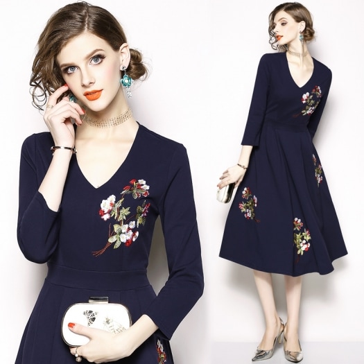 普段使いもOK フラワー刺繍ワンピース 花柄 Aライン ミディアム エレガント パーティ