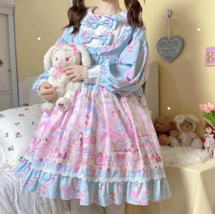 甘いロリータ服 甘ロリ ロリータワンピース 長袖ワンピース 可愛いロリータ服 デザート柄