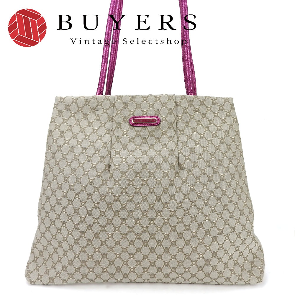 中古 トートバッグ キャンバス レザー ベージュ メタリックピンク マカダム カジュアル 肩掛け レディース 女性