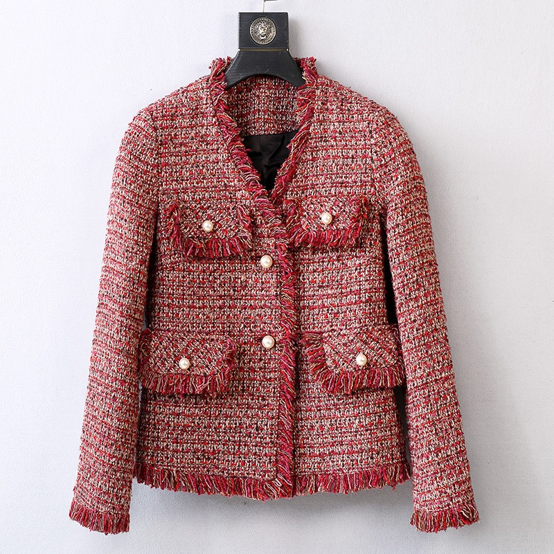 リュクス ツイード ジャケット パールボタン エレガント 無地 パーティースタイル ホームパーティーアイテム フリンジ ビジュー オフィススタイル エレガントスタイル カジュアルスタイル