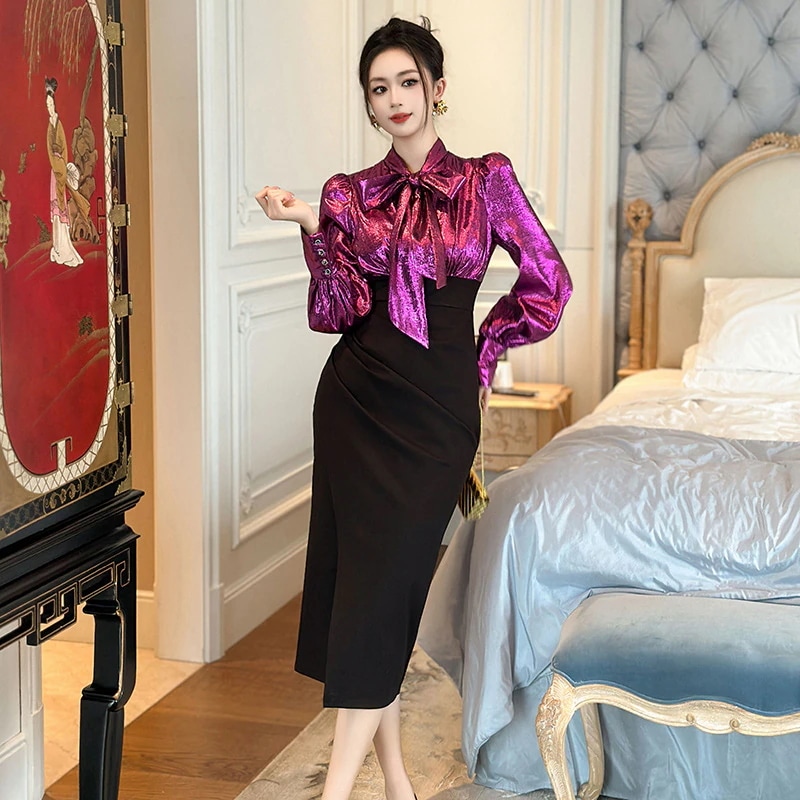 【JY.上品】 秋 女王風 偽2セット ワンピース 蝶結び飾り パーティードレス キャバ 着痩せ 大人 お呼ばれ 同窓会 披露宴 卒業式 結婚式 ウェディング 二次会 成人式