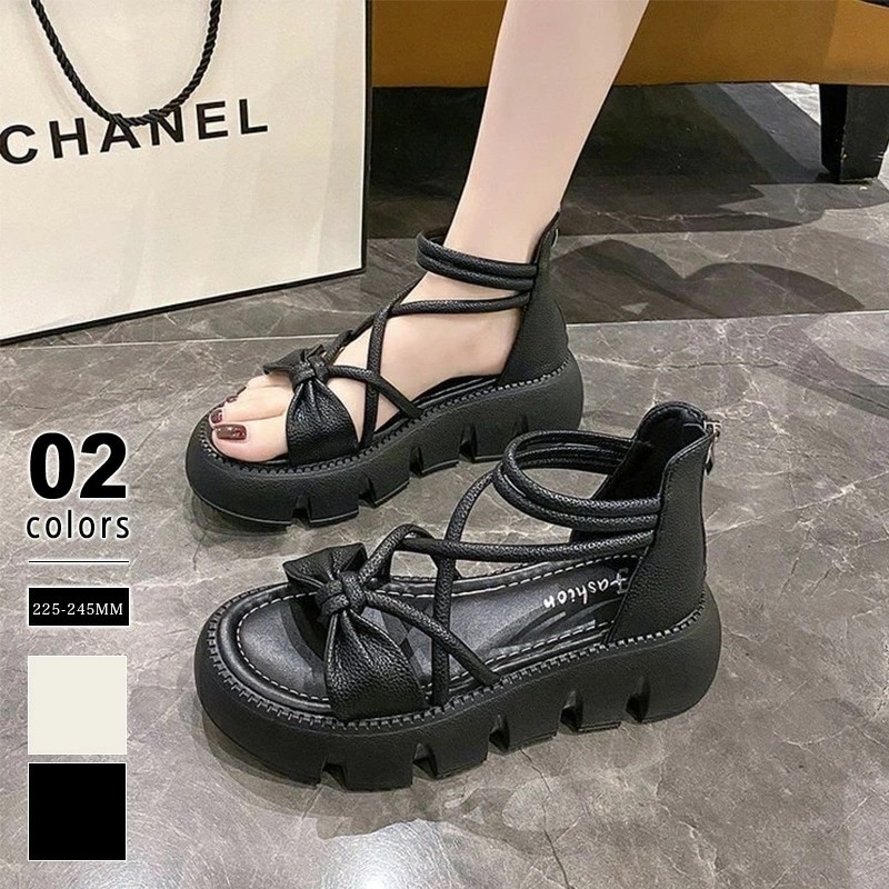 [迅速な配達][限時割!引!]サンダル ストラップサンダル 厚底 リボン クロスストラップ 厚底サンダル レディース ナロー ストラップ バック かかと ファスナー 滑り止め 脱げにくい ハイカット