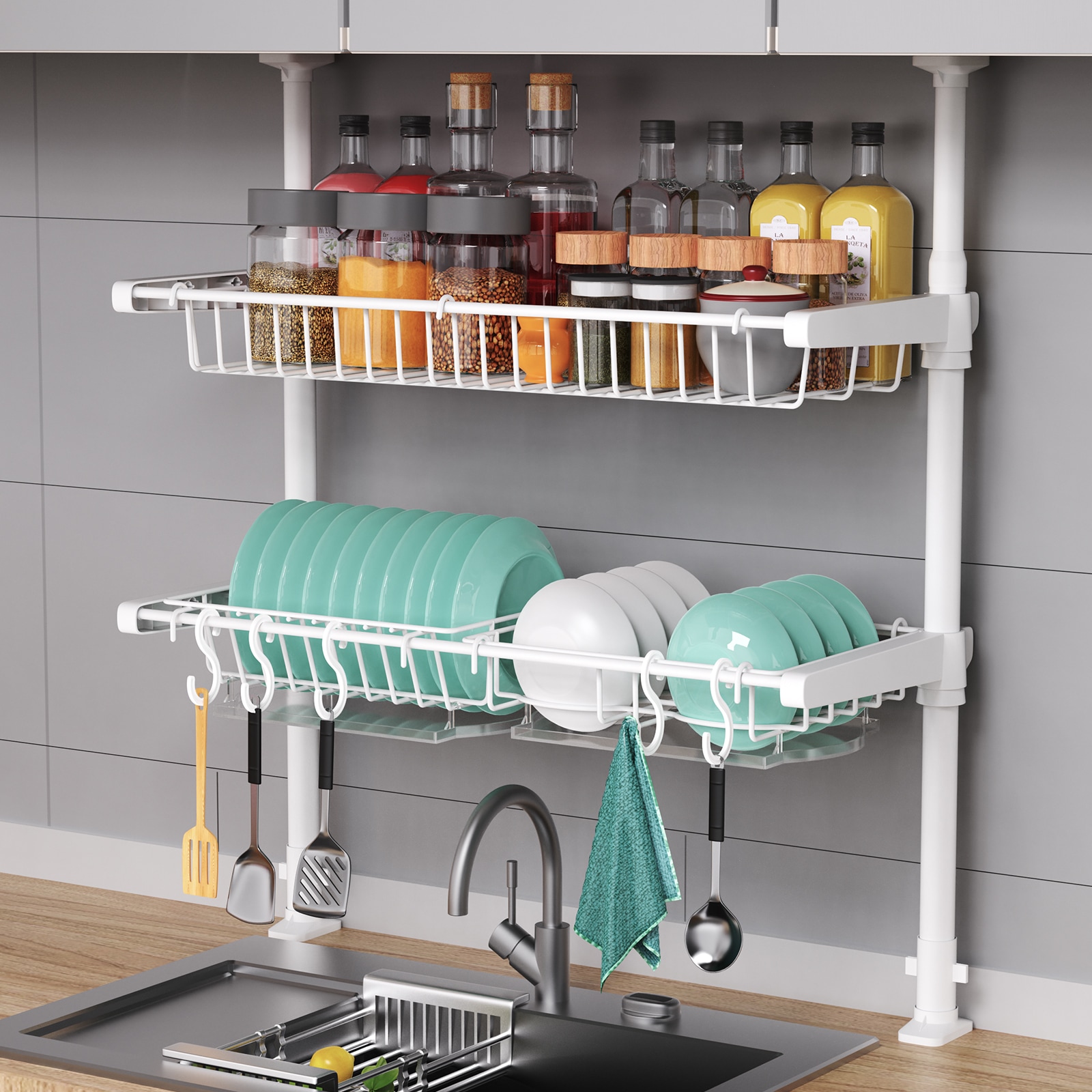 水切りラック 突っ張り バスケット式 高さ68-110cm調節可能 耐荷重20kg 大容量 シンク上 おしゃれ 3段 水切りかご バスケット 炭素鋼製 省スペース 組み立て簡単 穴開け不要 調味料ラッ