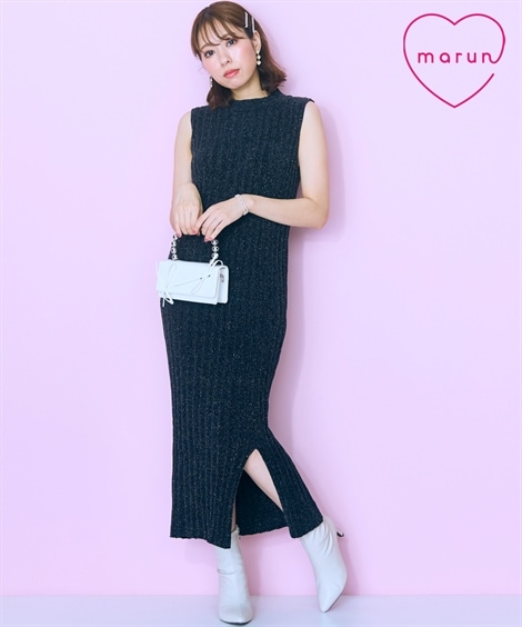 ロング・マキシ丈/半袖 大きいサイズ ラメモールリブニットワンピース marun