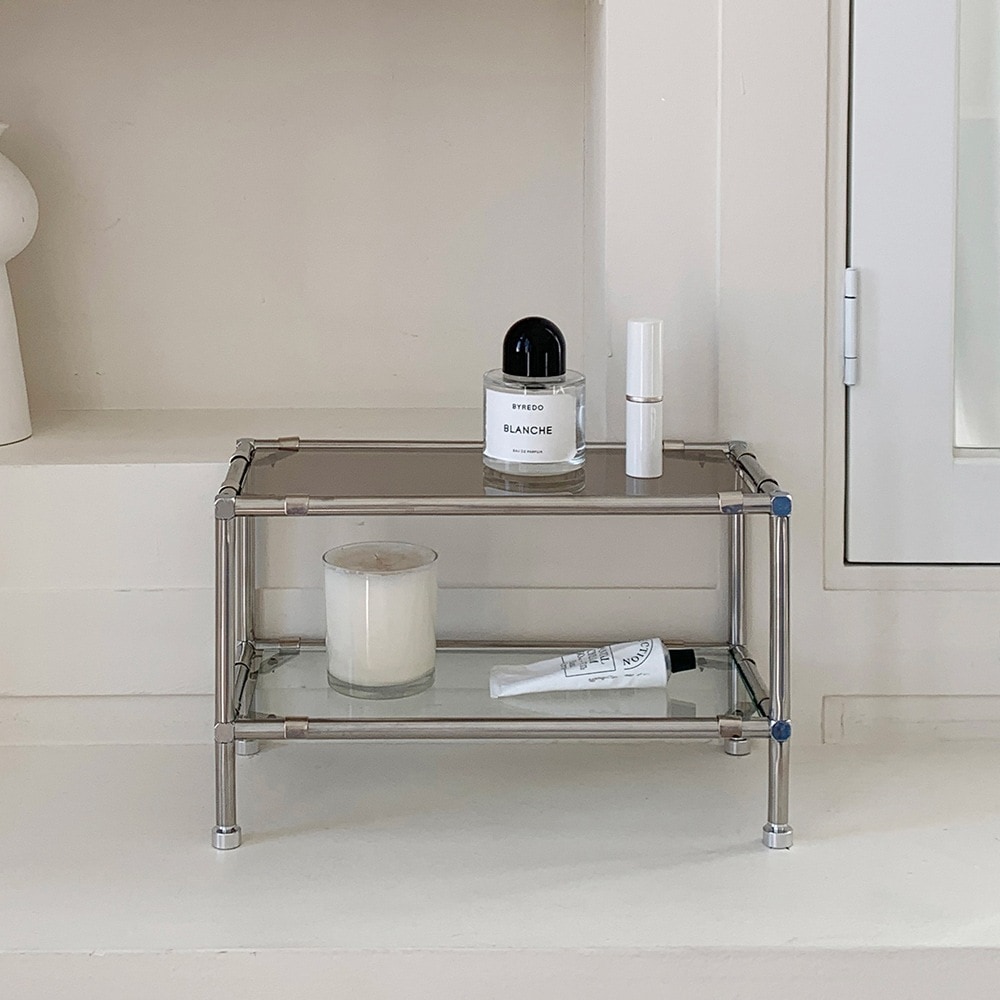 ステンレスモジュール 2段 香水整理台 type1 韓国インテリア ガラスカラー選択可能 透明 ブロンズ 水平調節脚付き コスメ 収納 棚 オープン ラック 34×16×21cm