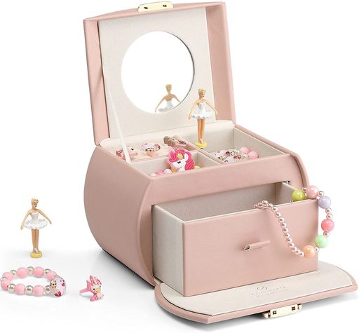 VLANDO 半円形 ジュエリーボックス オルゴール 子供 キッズ ジュエリー収納ボックス レザー ブレスレット ネックレス リング 収納 オーガナイザー 娘への最高の誕生日 プレゼントピンク