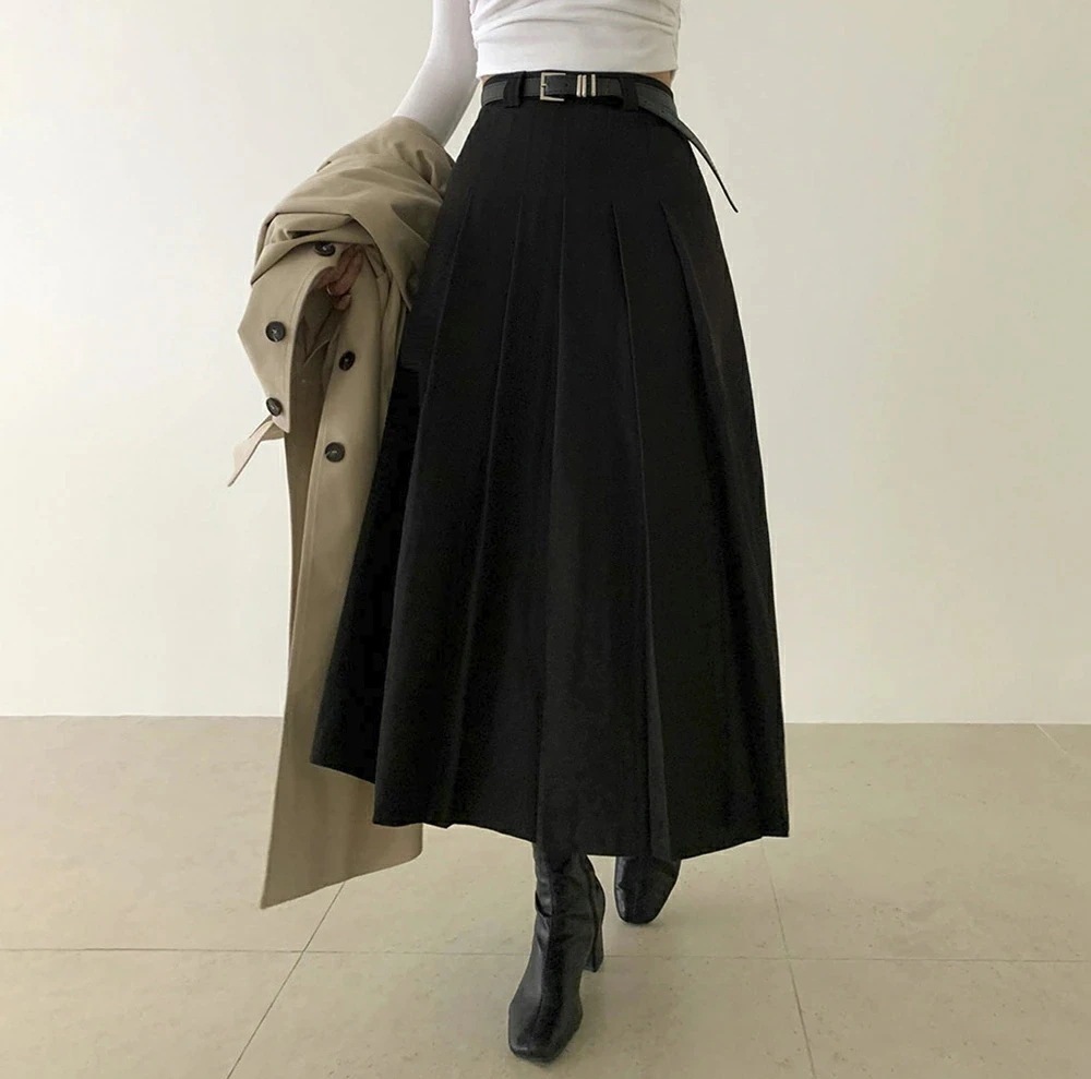 人気sk レディース 韓国ファッション ボトムス ロングスカート プリーツ ベルトセット 裏地 単色 無地 シンプル ガーリー フェミニン オフィス カジュアル 着回し デート 秋 冬 SSBEI