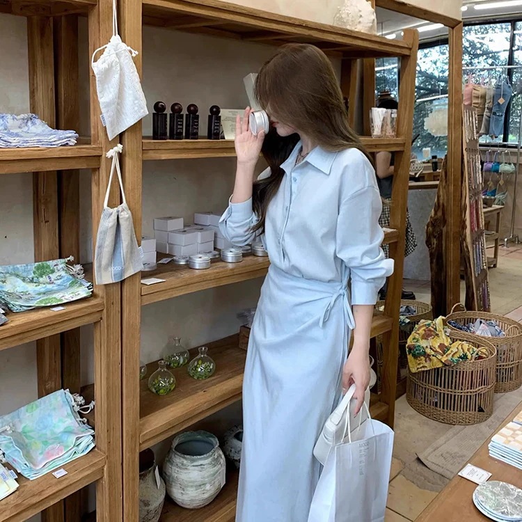 初の女性用フェイクツーピースブルーシャツドレスニッチデザインスリム気質poloロングスカート 4,619円