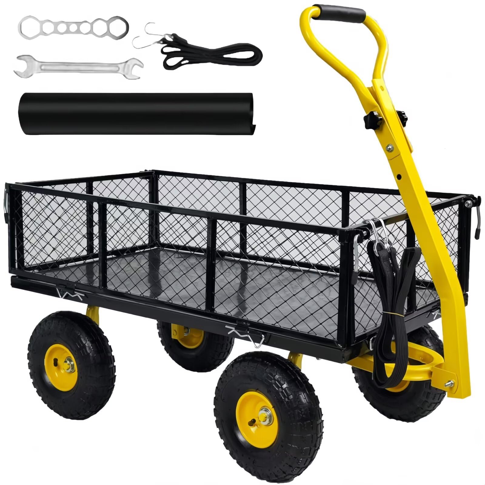 ガーデンカート 耐荷重400KG カゴ付き台車 運搬車 2-in-1ハンドル 手引き台車 多機能農業用スチールメッシュカート エア注入式滑り止めタイヤ 取り外し可能な側面 ガーデン 10,904円