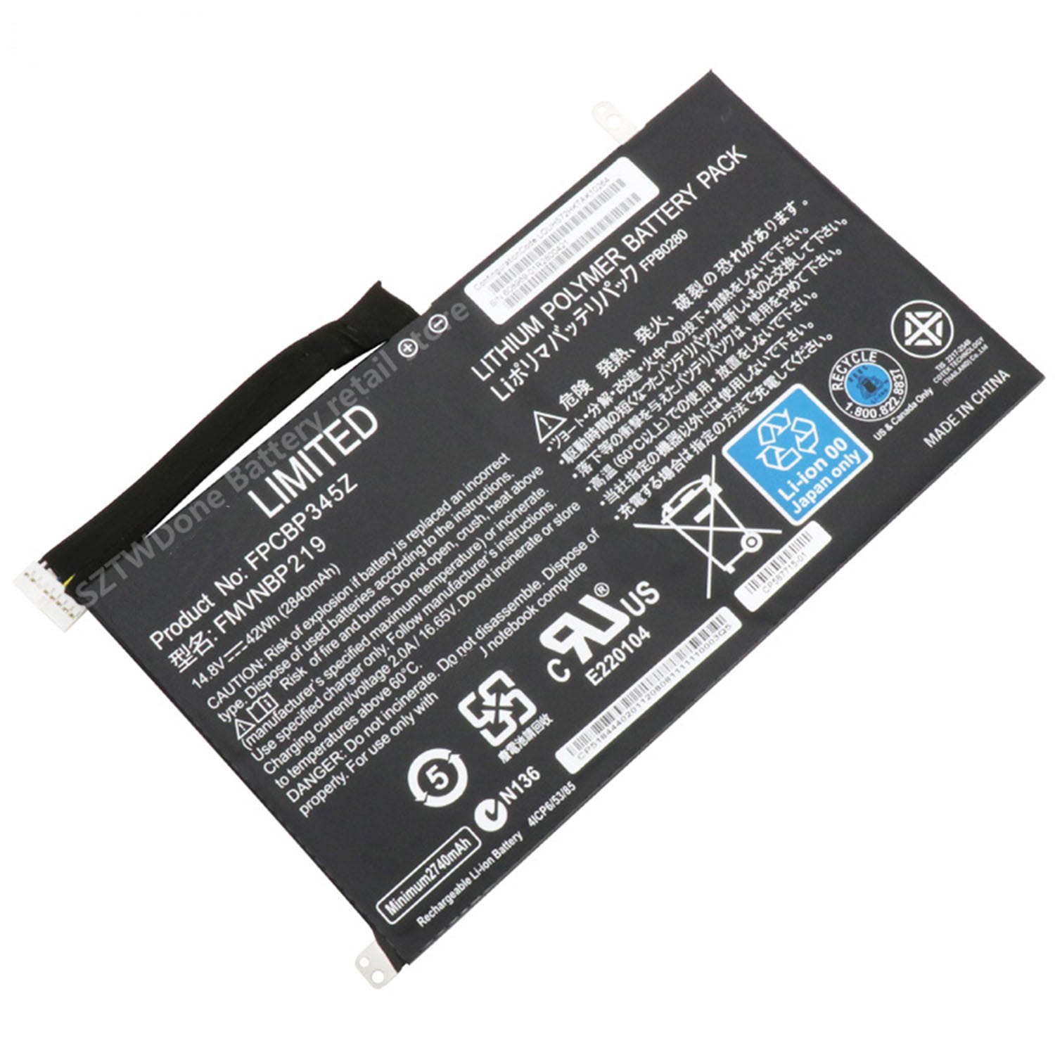 FMVNBP219バッテリー FPCBP345Z 電池・Fujitsuノート互換 2840mAh/42Wh 対応 UH572 FPB0280 FPCBP345Z FMVNBP219 互換交換用のバッテ