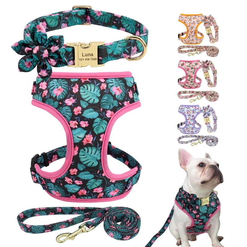 小型犬用の調節可能なナイロンメッシュ,フレンチブルドッグ,子犬用の素敵なプリントハーネス,中小型リード
