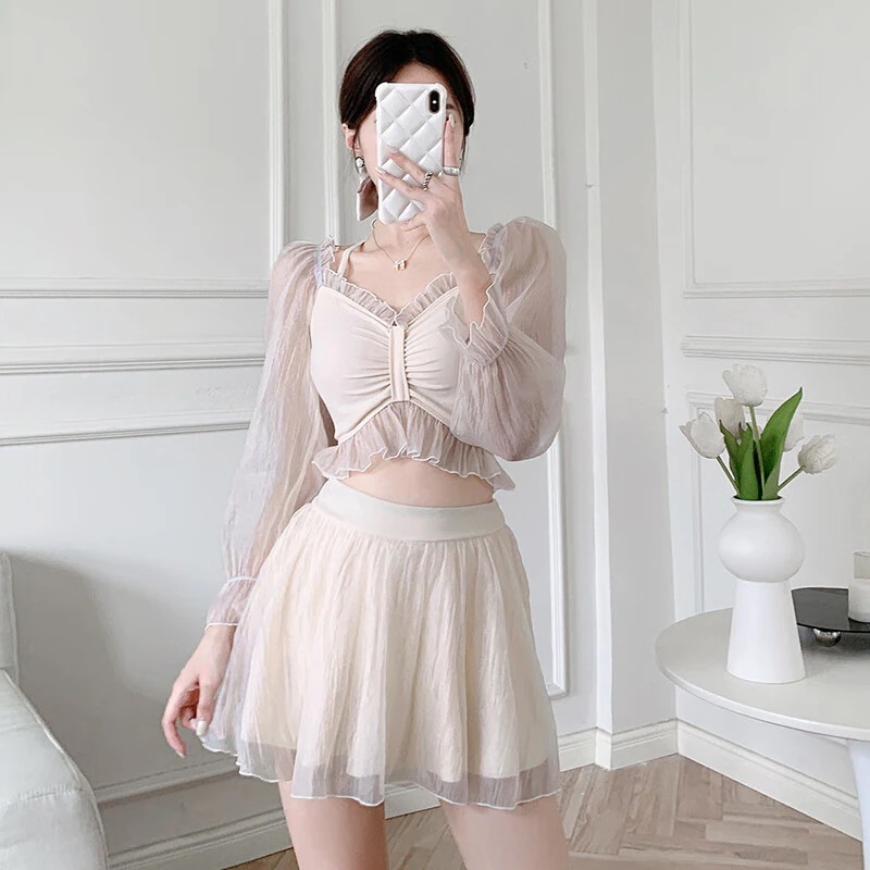 水着レディース温泉遮肉腹部水泳衣装別体衣長袖日焼け止めセクシー痩せ見え大人水着外着杏色長袖別体【40-60 kg】