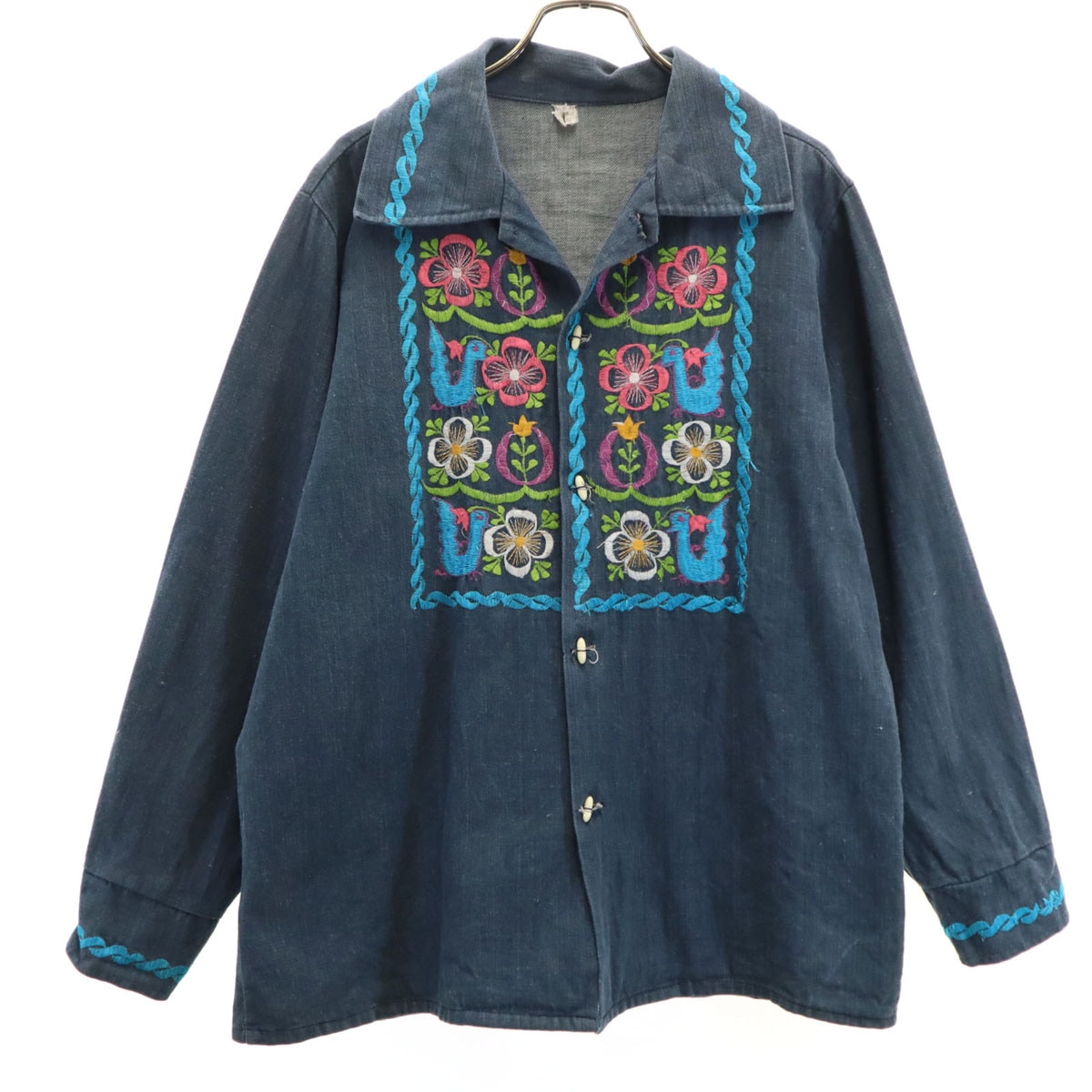 80s 90s オールド 花刺繍 シャツジャケット 40 ネイビー メンズ 古着