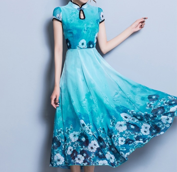 1550.花柄プリントシフォンドレス（レイクブルー） 2019 春夏 sale パーティー 食事会 演奏会 演劇 結婚式 披露宴 挙式 イベント