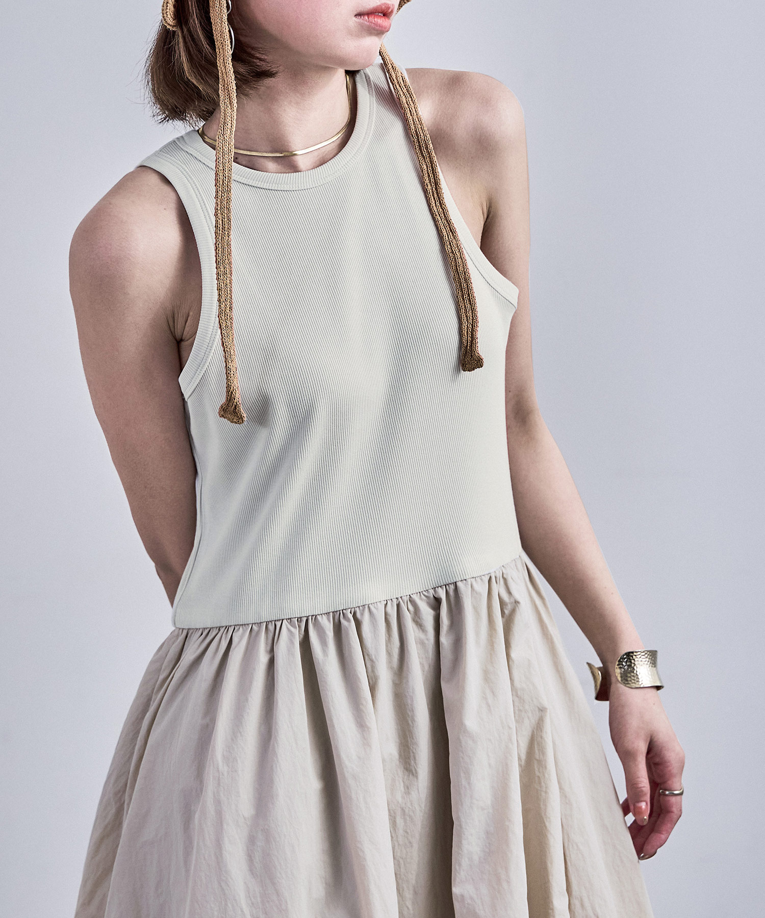 リブ×ナイロンタフタ バルーンワンピース タンクトップ ワンピース ドレス アメスリ キャミソール ロング丈 バルーンスカート ロングスカート リゾート フェス ゆったり レディース マキシ