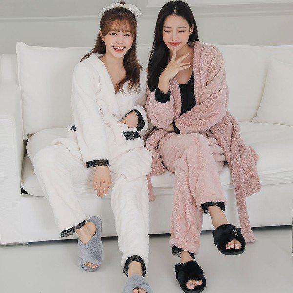 タンゴガウンツーピースの暖かいパジャマ 女性 冬 ホームウェア 上下セット 2色_P313941671