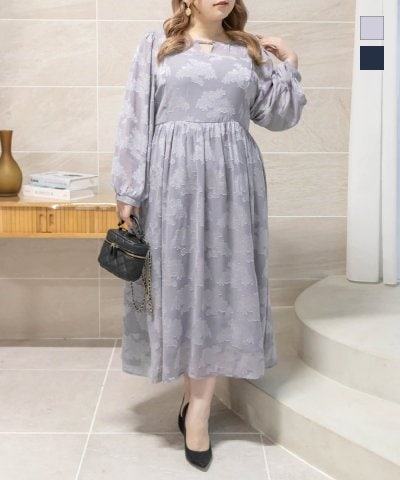 大きいサイズ レディース LL 3L 4L XL XXL XXXL CLETTEオリジナルデザイン襟花柄ジャガードシアーワンピース