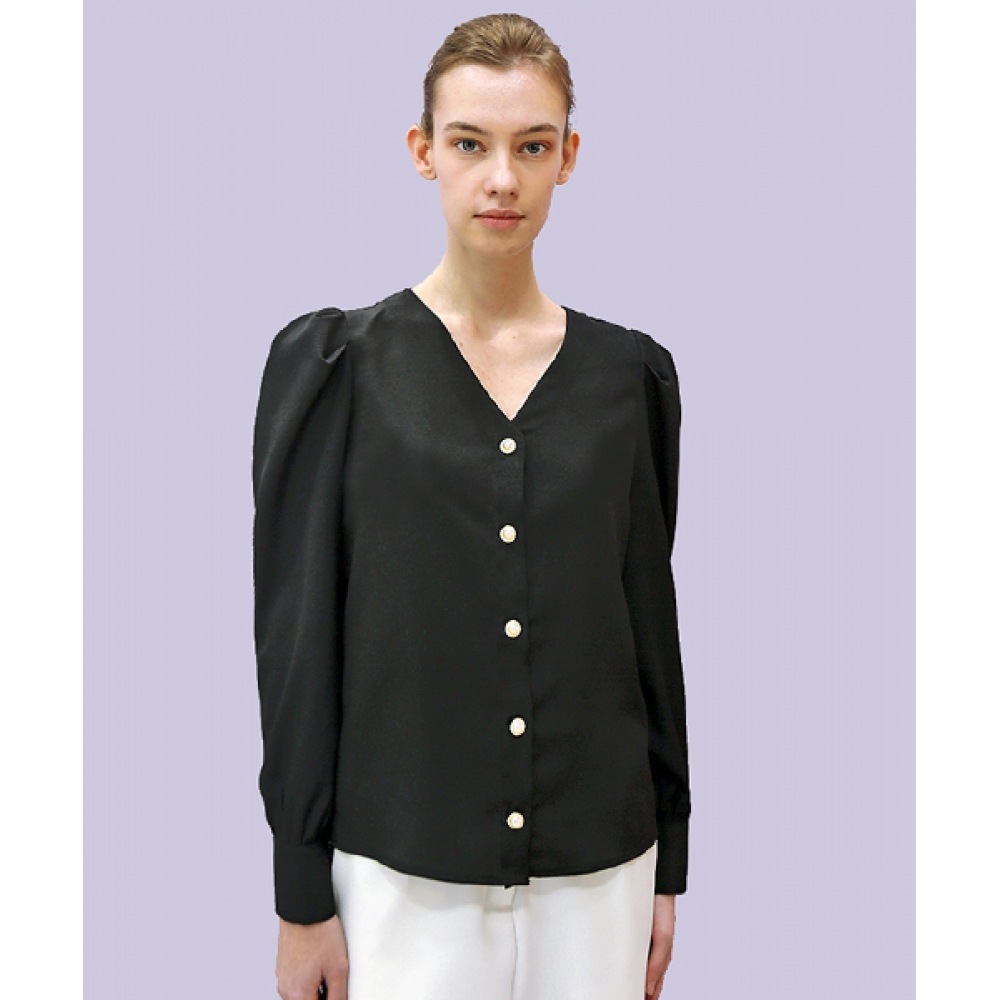 DAMAGE MNEMONICパフVネックブラックブラウス_ Puff V-neck Black BL