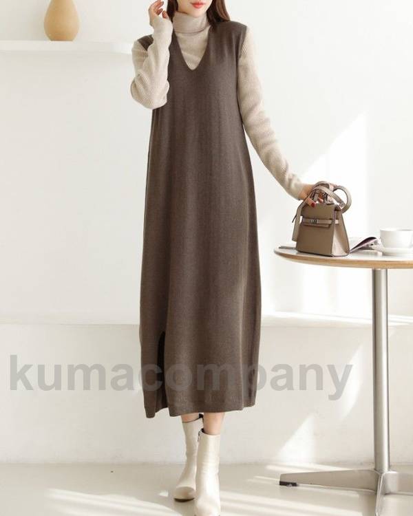 Vネック ジャンパースカート ノースリーブ ワンピース ロング ミモレ丈 秋冬 レディース ベストワンピース 秋 冬 ロングベスト 大きいサイズ スリット カジュアル おしゃれ 大人可愛い 20代 3
