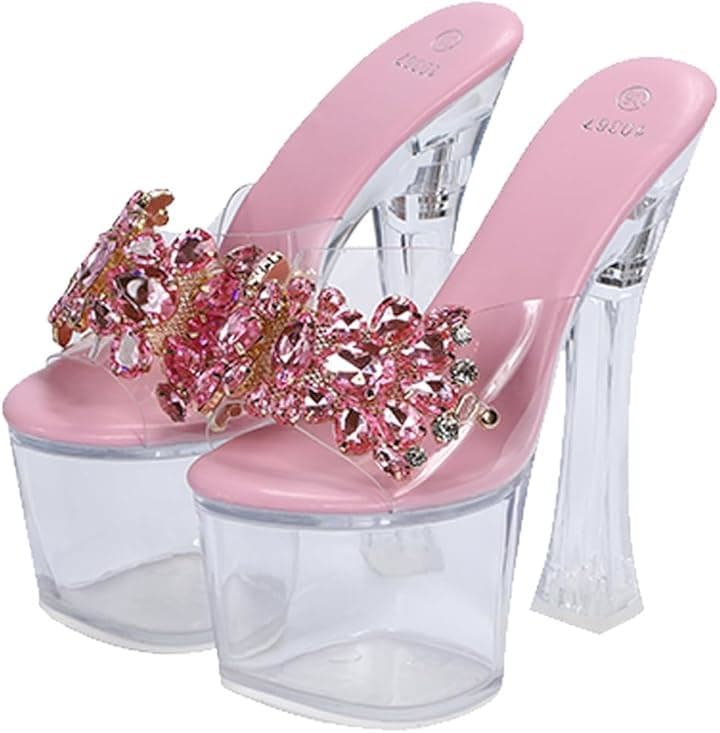 レディース ミュール パンプス 厚底 キラキラ クリア ラインストーン 17cm サンダル キャバヒール(ピンク, 25.0 cm)