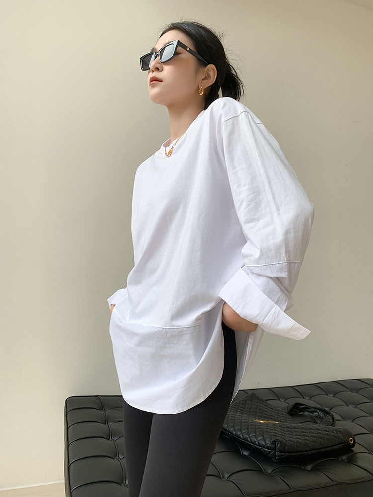 ラウンド ネック 長袖 Tシャツ 女性 秋 冬 デザイン カジュアル ボトムス シャツ トップ ホワイト ＳＭＬXL トップス 袖あり かわいい 大人可愛い きれいめ シンプル カジュアル 大人