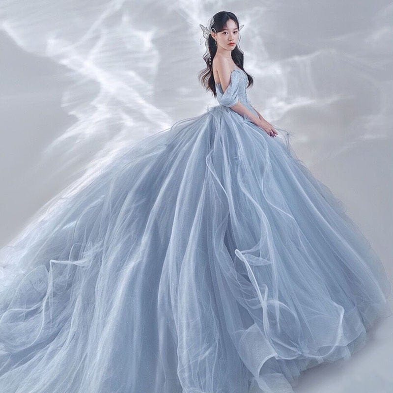 スタジオテーマのウェディング写真撮影韓版エルフスリーブと大きなスイングのカラフルなガーゼフォトドレス