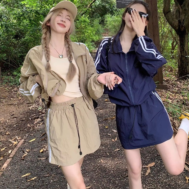 セットアップ レディース ミニスカート レディース ナイロン ジャージ 韓国 サイドライン ナイロン ジャケット ミニスカート 上下セット