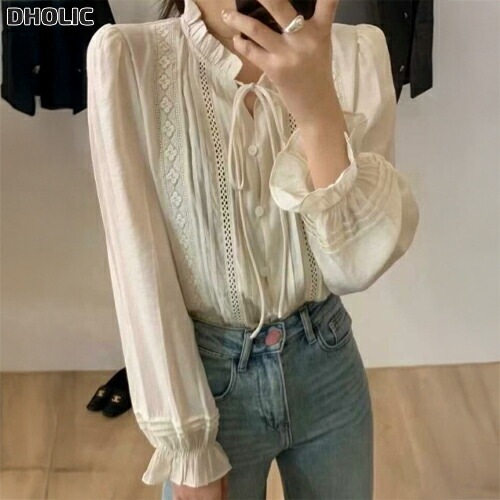 ボタンフリルパフスリーブ長袖フリル ネック刺繍花柄ブラウス・1954841