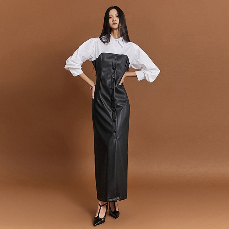 D4869 レザー シャツ 配色 ロング ワンピース