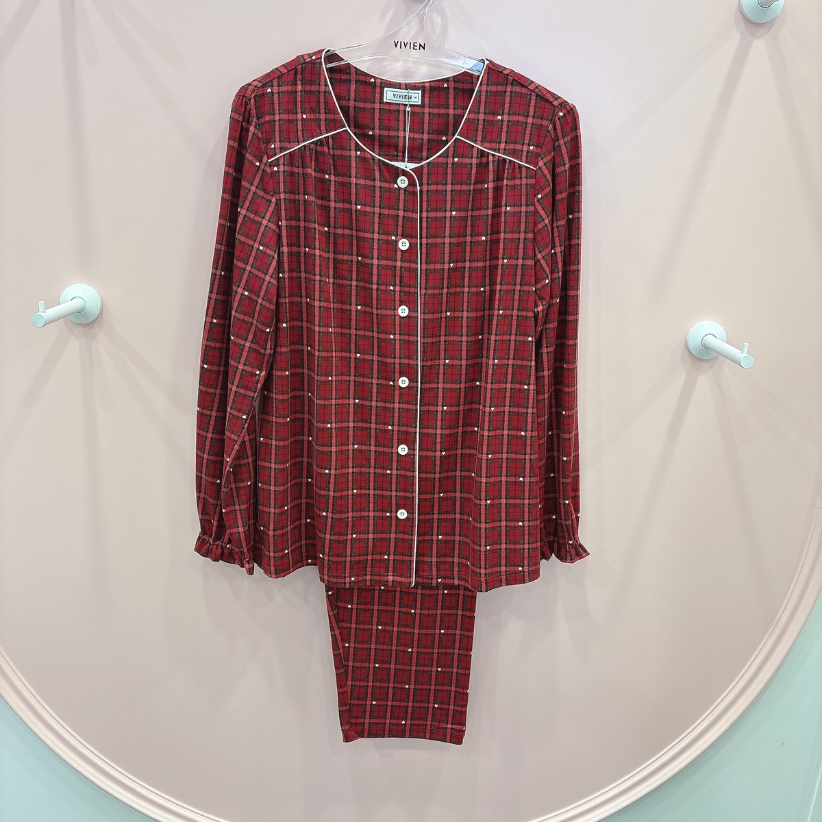 ポリ起毛スパン女性ハートチェック柄パジャマ寝巻きWP8879A_GN