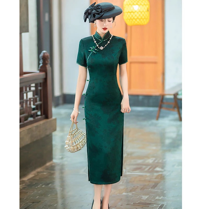ダークグリーンロングチャイナドレスヴィンテージクラシックオールド上海レトロスタイル2025春夏スリムでエレガント
