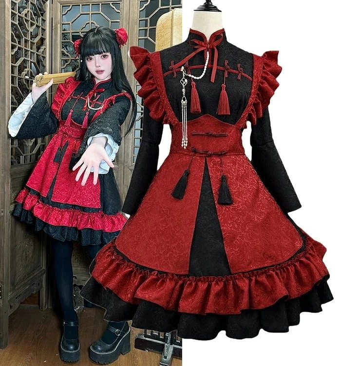 [即納][激安販売] メイド服 チャイナ ワンピース 中華 ロリータ コスプレ仮装 ゴスロリ ウェイトレス フリル ロリータドレス カチューシャ 付き コスチュームセット レッド S