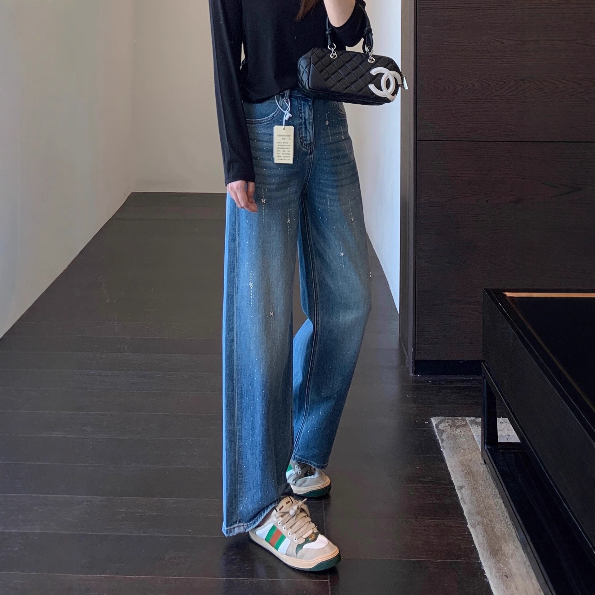 ホットダイヤモンド品質ジーンズハイウエストルーズ痩身ストレートワイドレッグパンツ女性用2025新作090109