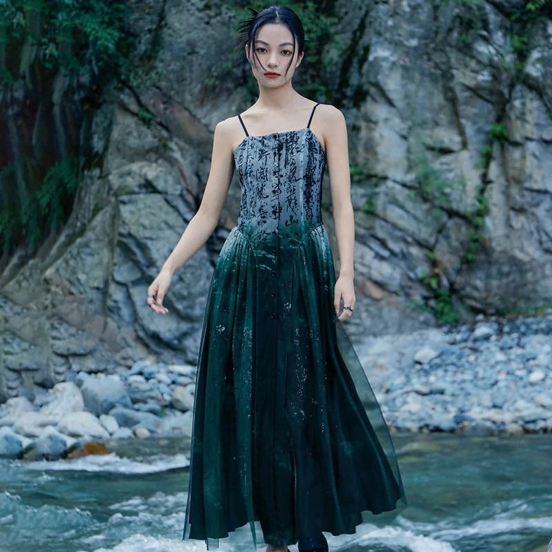 キャミソールワンピース マキシ丈 グラデーション墨緑 チャイナ風文字プリントワンピース レイヤードワンピース 夏 チュールワンピース ドレス 撮影 旅行