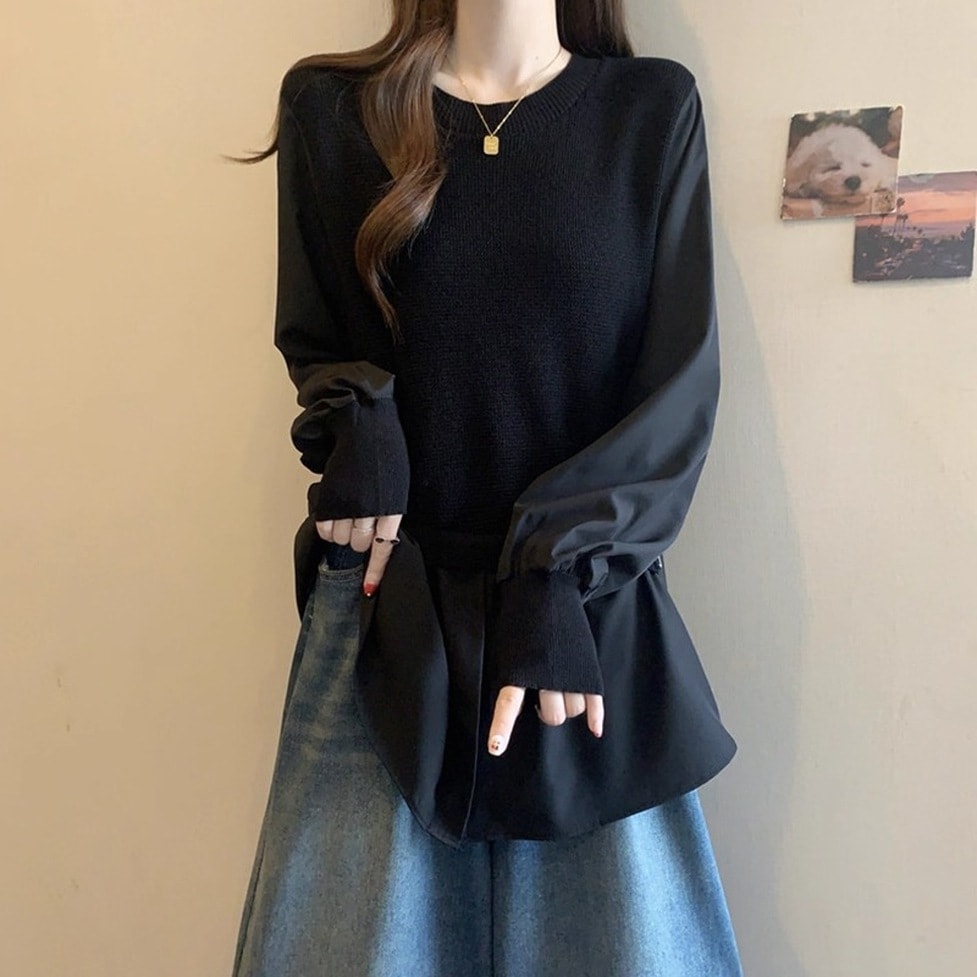 トップス カットソー シャツ ドッキングシャツ 異素材トップス プルオーバー 切り替えシャツ ラウンドネック 長袖 バルーンスリーブ 無地 レディース かわいい 大人可愛い おしゃれ ガーリー