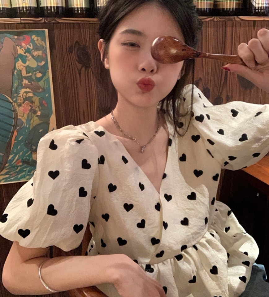 トップス デート モテアイテム チュニック ブラウス パフスリーブ ハート バルーン 可愛い きれいめ 上品 おしゃれ かっこいい 可愛い ラブリー キュート ガーリー クール モード系