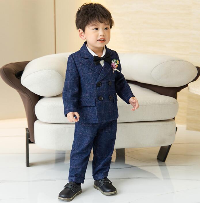 チェック柄男の子スーツ　紳士スタイル　ネイビー　ベージュ　フォーマルスーツ ジュニア　ジレベスト　スーツジャケット　長袖ワイシャツ2点/3点/4点/6点セット　キッズスーツ 結婚式　卒業式　入学式　入