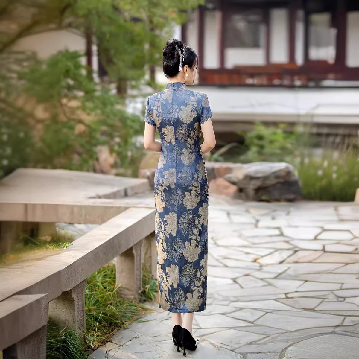 ワンピースドレスドレス古い上海漢服の改良バージョンチョンサム毎日エレガントな若い母親のスリムとスリムな夏のミッドレングススタイル