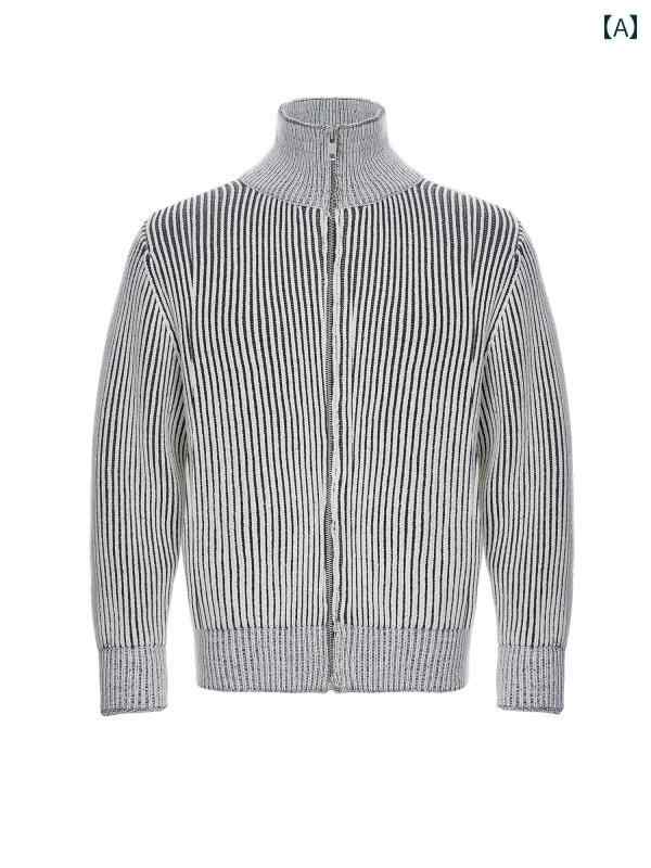 カーディガン メンズ レディースセーター ニット ジッパー ジップスタンドカラー ストライプ 厚手 ジャケット グレー