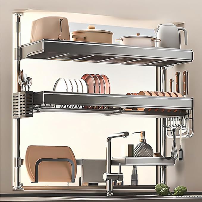 水切りラック 突っ張り つっぱり式 シンク上 スリム キッチン かご 調整可能 台所 多機能 大容量 省スペース 伸縮 食器 炭素鋼 グレー 2段 幅78x奥行30.5x高66.5-105CM